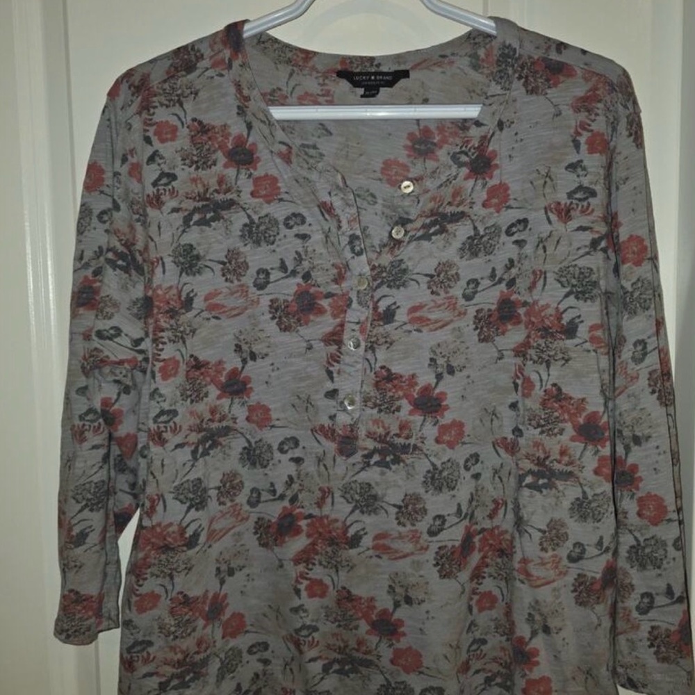 Lucky Brand Gray muted Floral long sleeve Henley Top blouse shirt XL